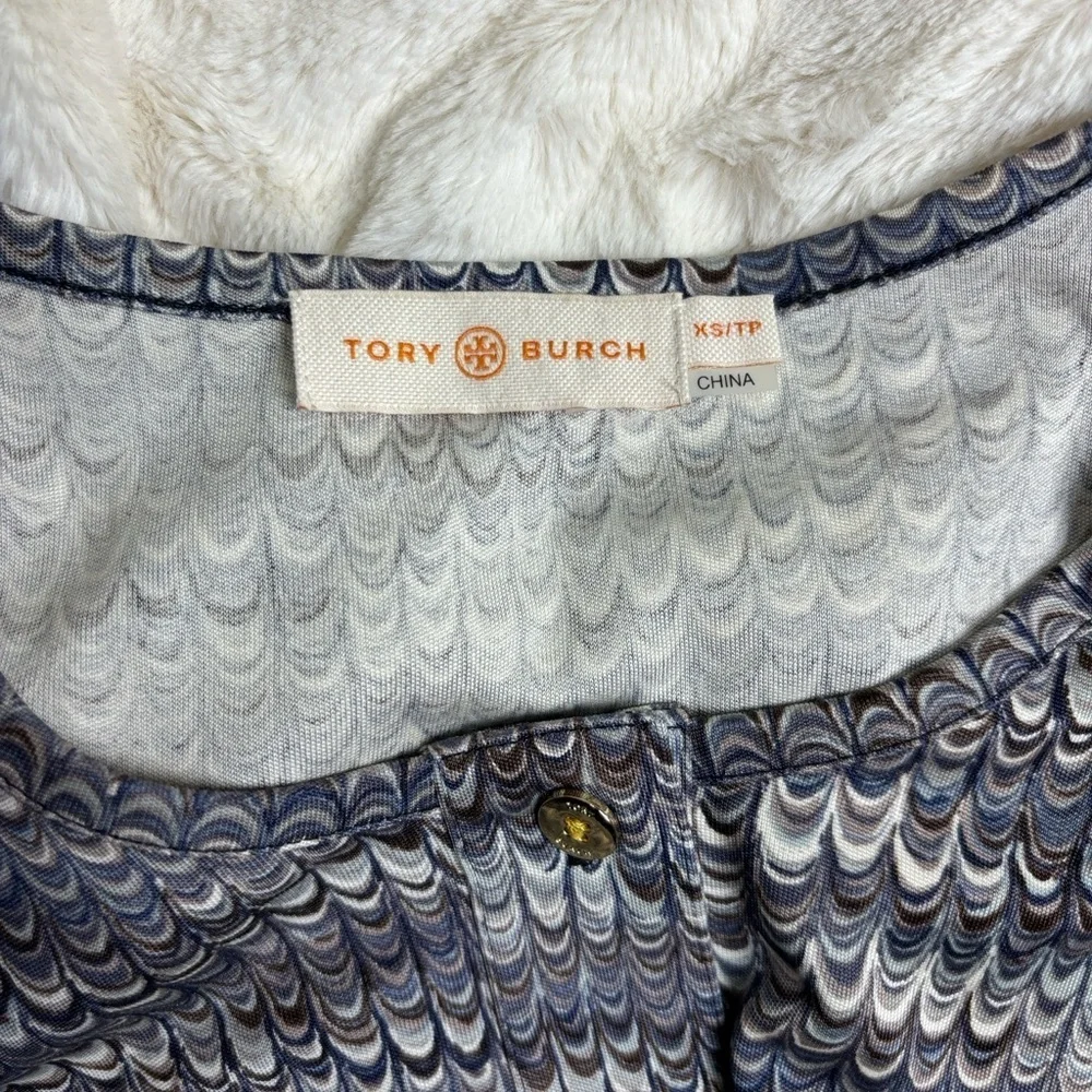 Tory Burch Amy Henley Silk Blue Patterned Long Sleeve Top